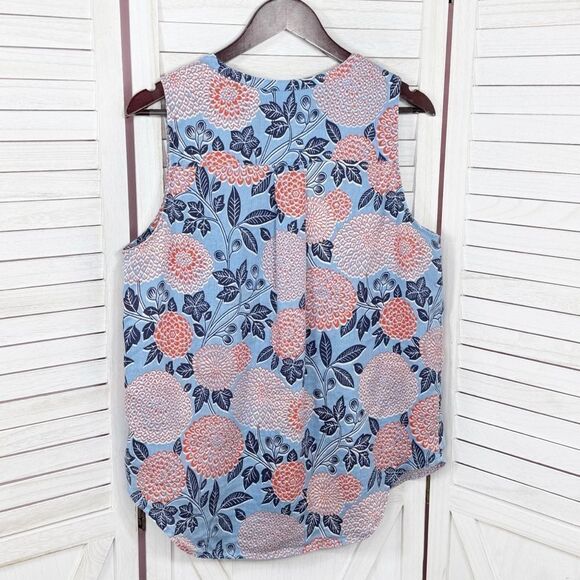 Cynthia Rowley Floral Linen Sleeveless Shirt Button Front Blue Coral Red Large - Picture 7 of 10